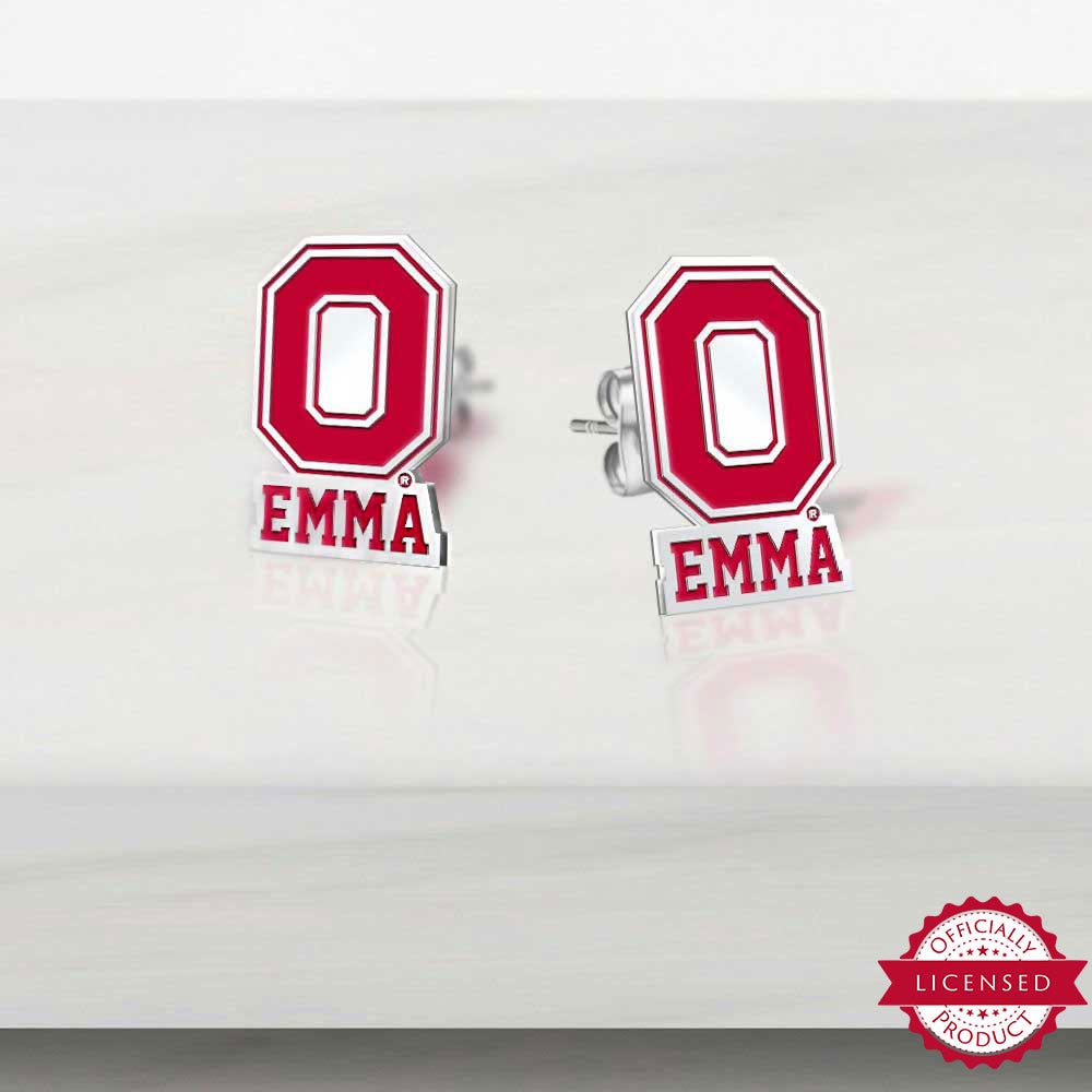 Personalized Pair of Color Enamel Ohio State O Logo with Name Earrings