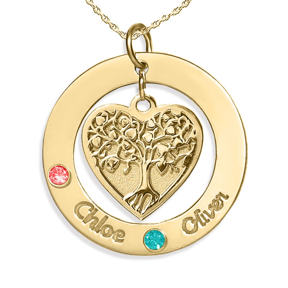 Personalized Round Family Tree Pendant with Two Birthstones & Names- Includes 18 Inch Chain