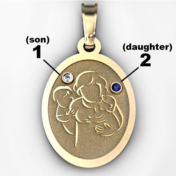 Mother with Son Daughter - Oval Pendant with Birthstones