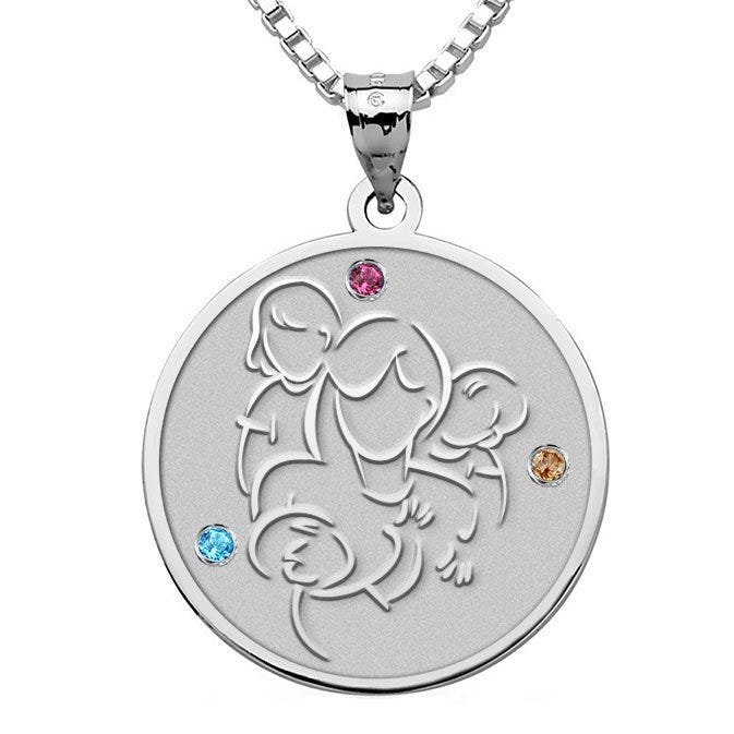 Mother with Daughter and Two Sons - with Birthstones Round Pendant