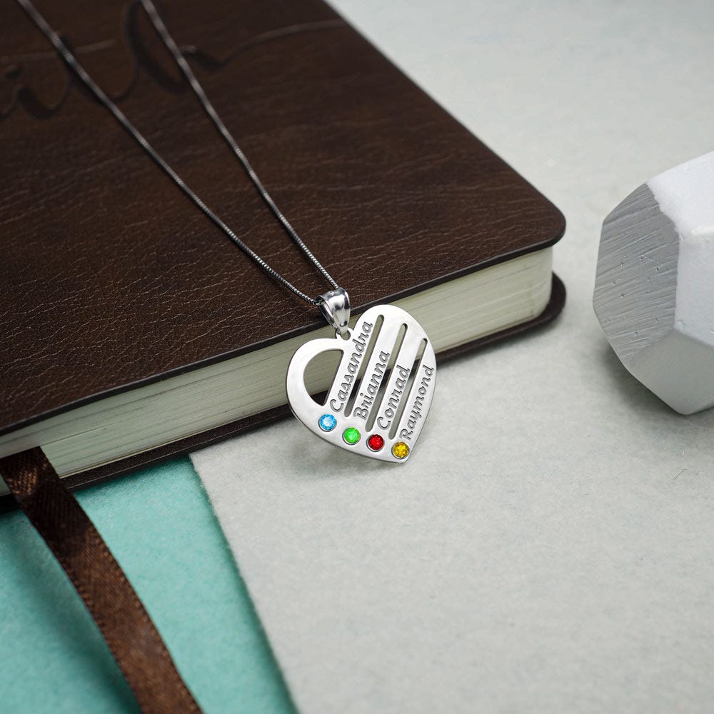 Personalized Heart Family Pendant With 4 Birthstones & Names - Includes 18 inch Chain