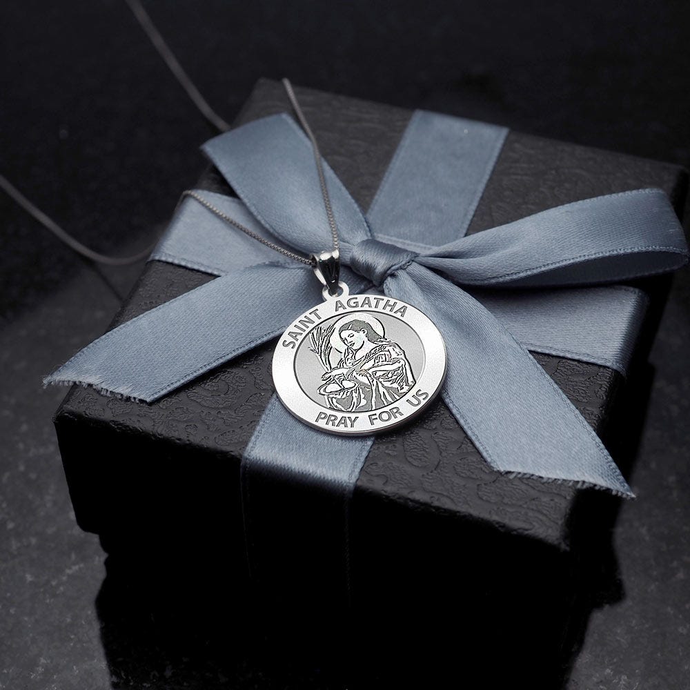 Saint Agatha Double Sided Patron Saint of  Breast Cancer Round Religious Medal w/ Pink Ribbon