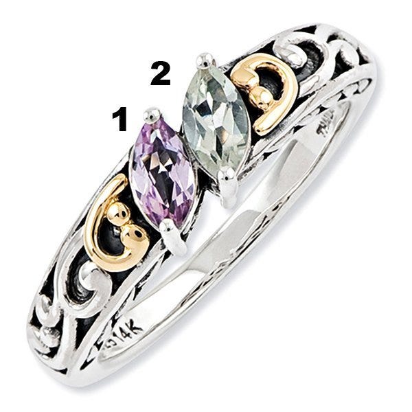 Sterling Silver & 14k Two-stone  Antiqued Mother's Ring