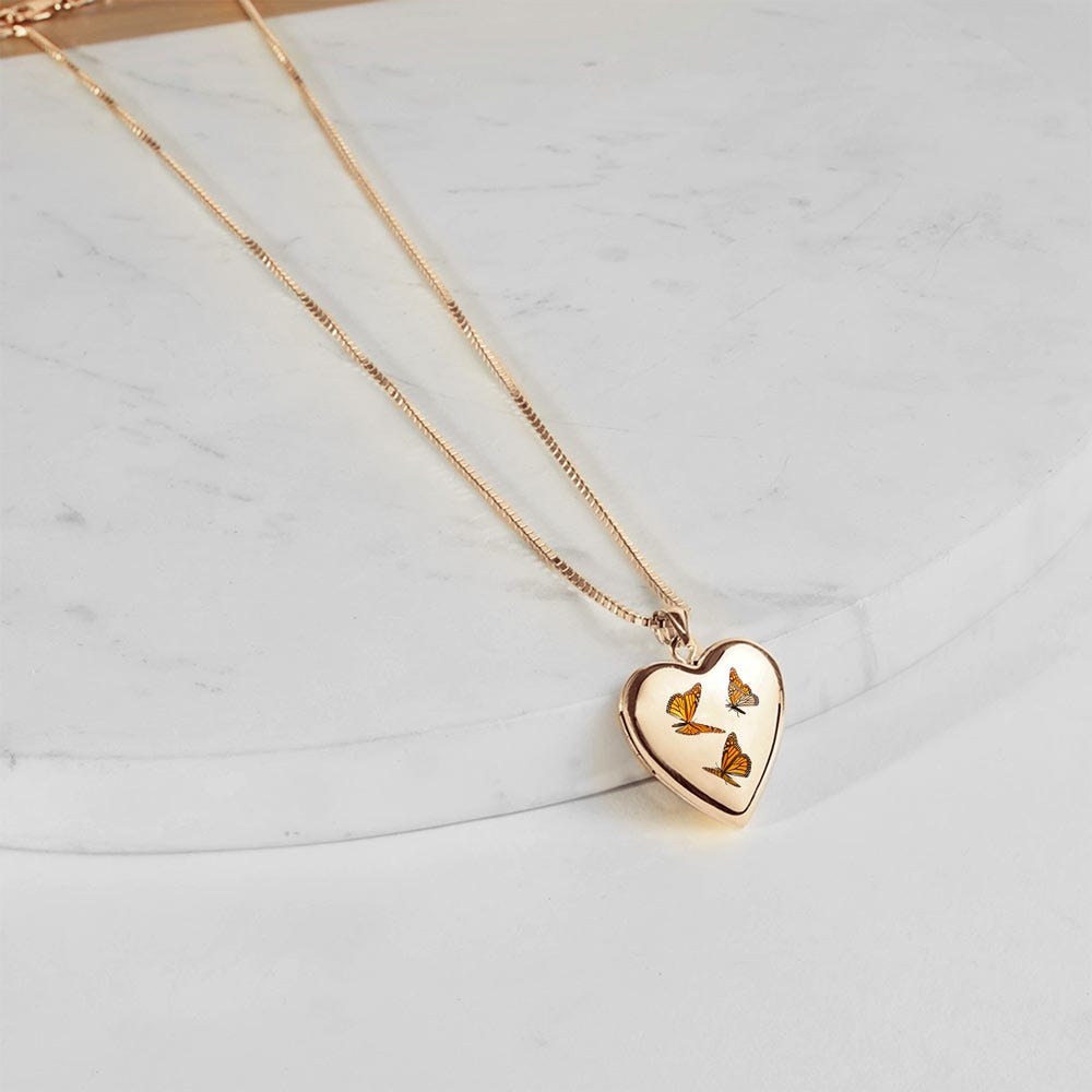 14K Gold Filled Monarch Butterfly Heart Photo Locket