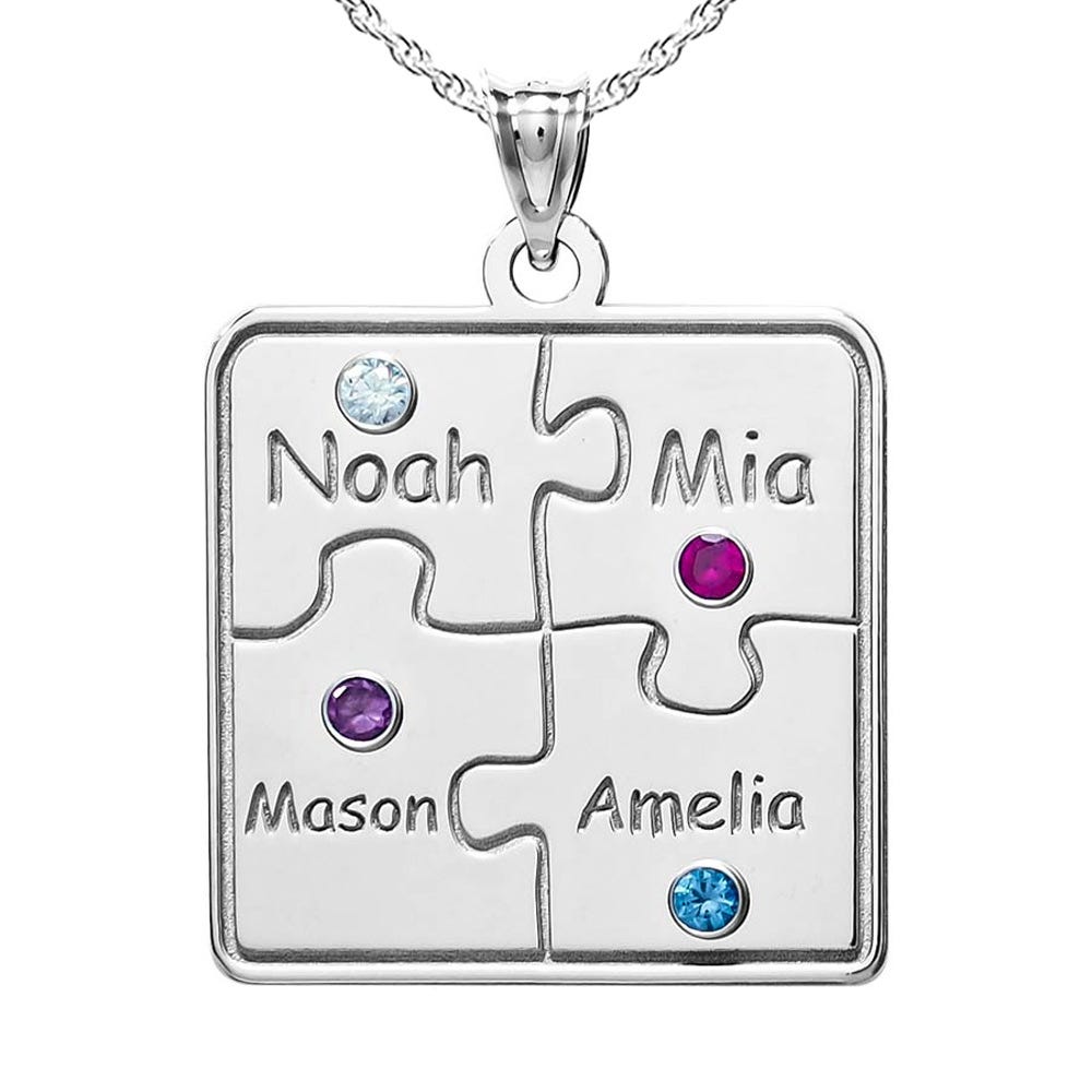 Personalized Family 4-Piece Puzzle Pendant with Names and Birthstones - Included 18 inch Chain
