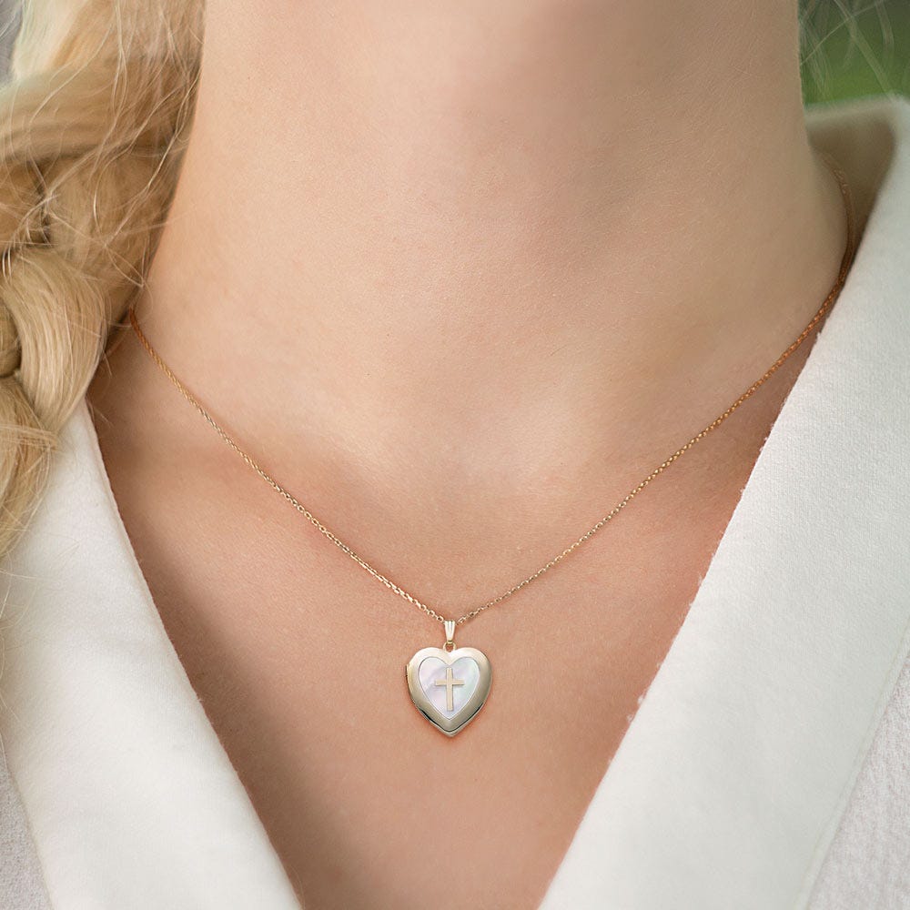 14k Yellow Gold Mother of Pearl & Cross Heart Photo Locket