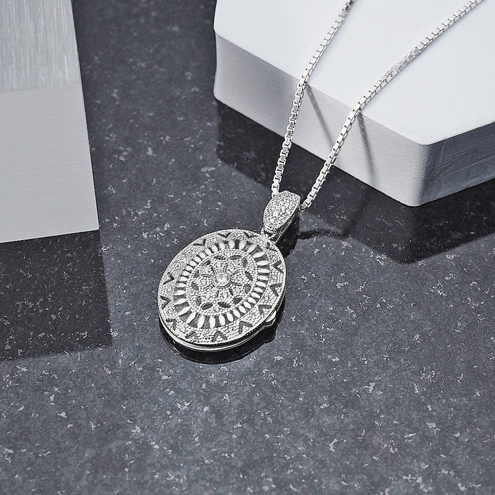Sterling Silver Cubic Zirconia or CZ Oval Photo Locket