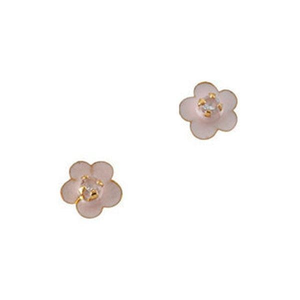 14K Yellow Gold Children's Flower Enamel Earring W/Cubic Zirconia