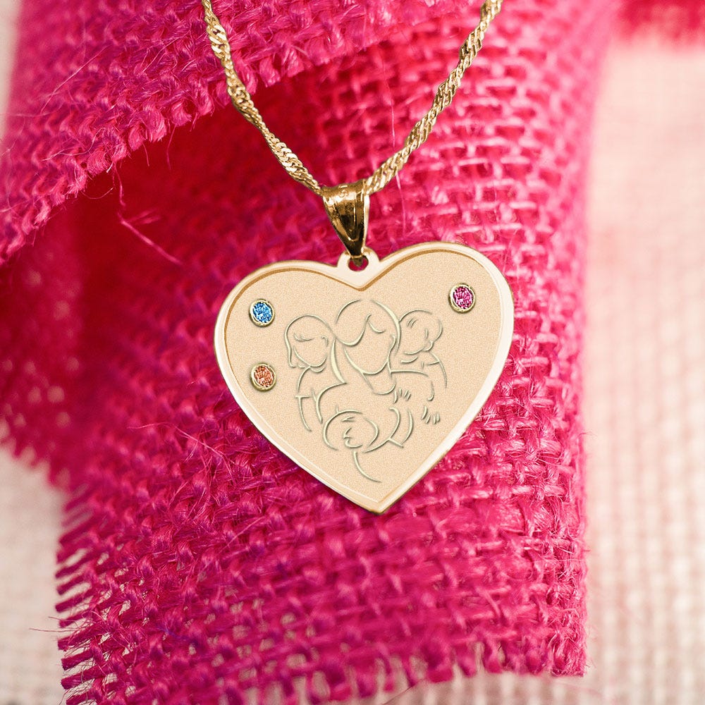 Mother with Daughter and Two Sons - Heart Pendant