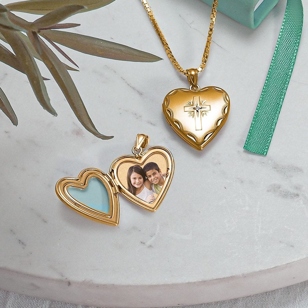 14k Gold Filled Cross Heart Photo Locket with CZ