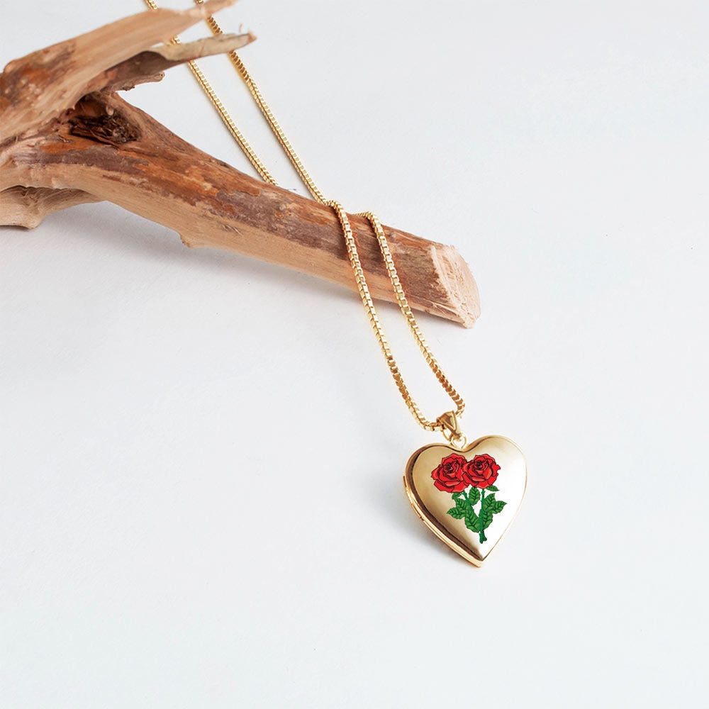Solid 14K Yellow Gold Double Rose Heart Photo Locket