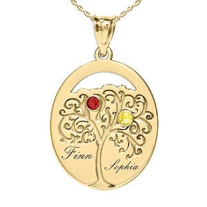 Personalized Family Tree Pendant with 2 Names and Birthstones- Includes 18 Inch Chain