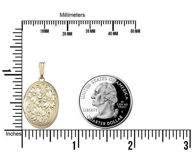 Solid 14K Yellow Gold Floral Oval Photo Locket
