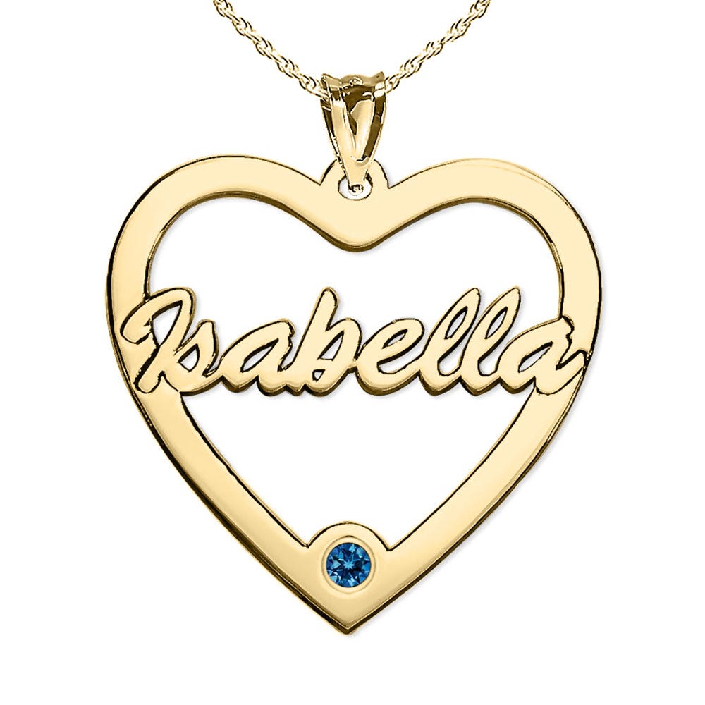 Personalized Heart Cut-Out with Pendant with Birthstone & Name- Includes 18 Inch Chain