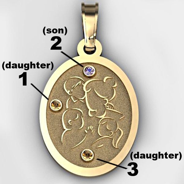 Mother with Son and 2 Daughters Oval Pendant with Birthstones