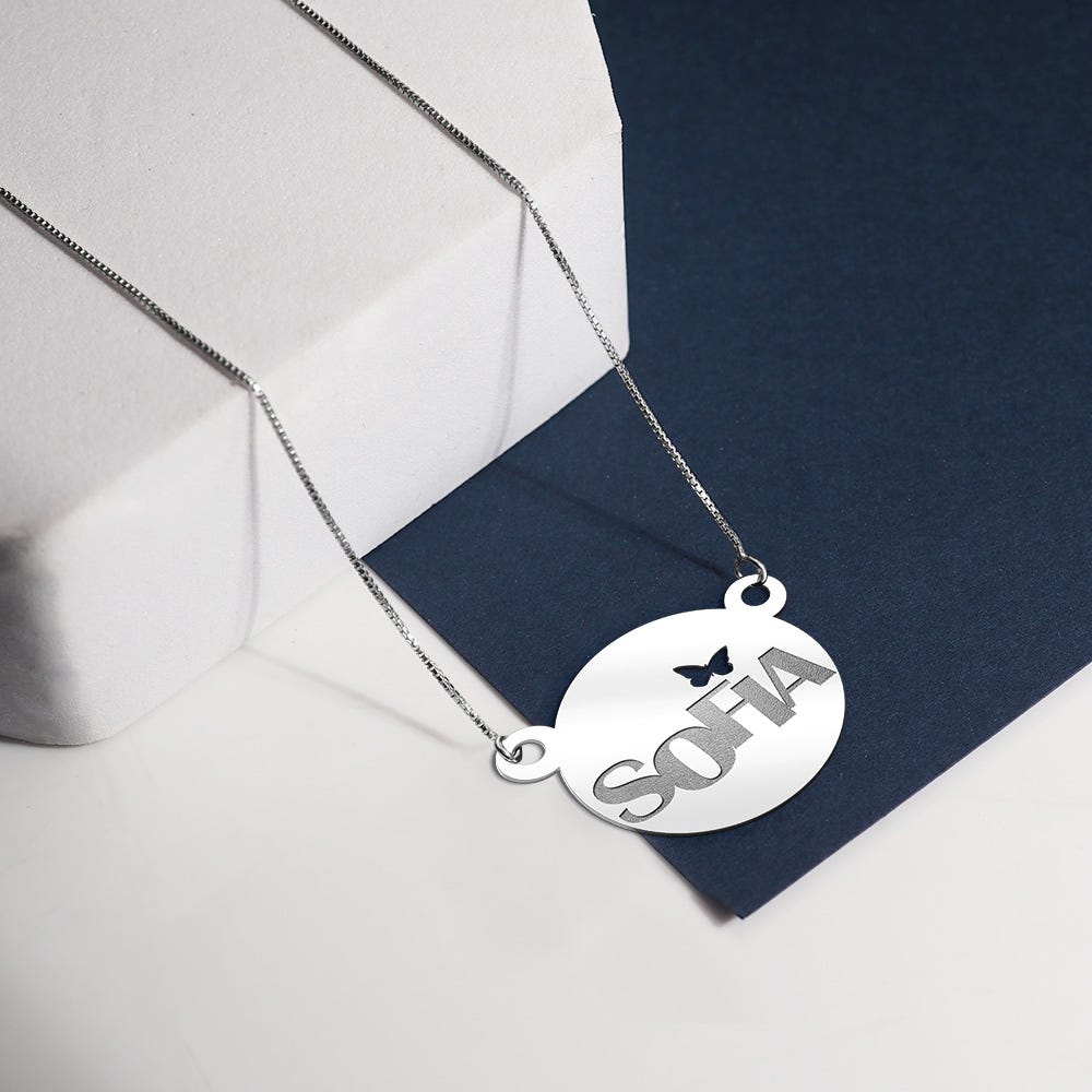 Modern Dianty Round Name Pendant w/ Butterfly Cut-Out