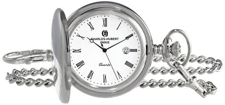 Charles-Hubert Paris Stainless Steel Hunter Case Quartz Pocket Watch