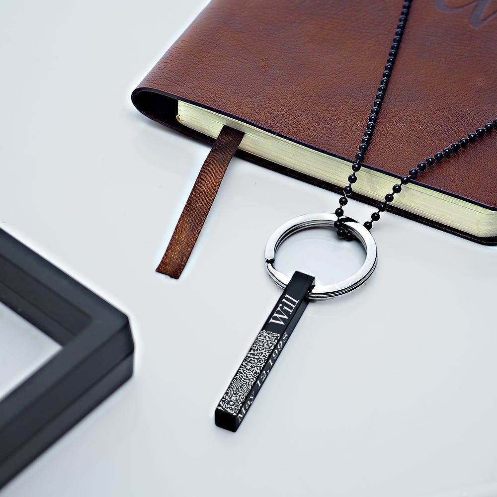 Personalized Black Stainless Steel Fingerprint Vertical 3D Bar Necklace