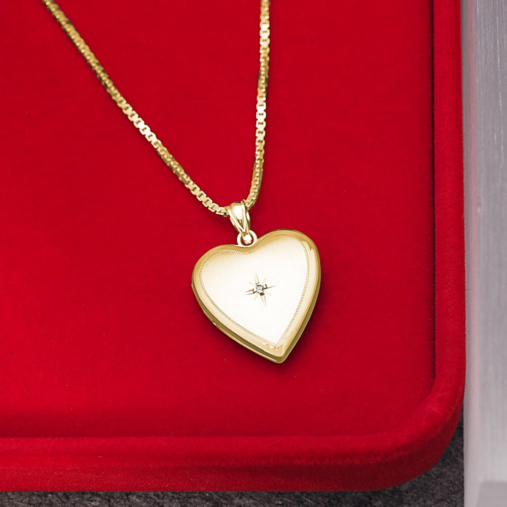Yellow Gold Heart Photo Locket with Genuine Diamond
