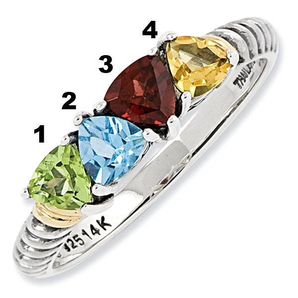 Sterling Silver & 14k Gold Antiqued Mother's Ring w/ Four Trillion Birthstones