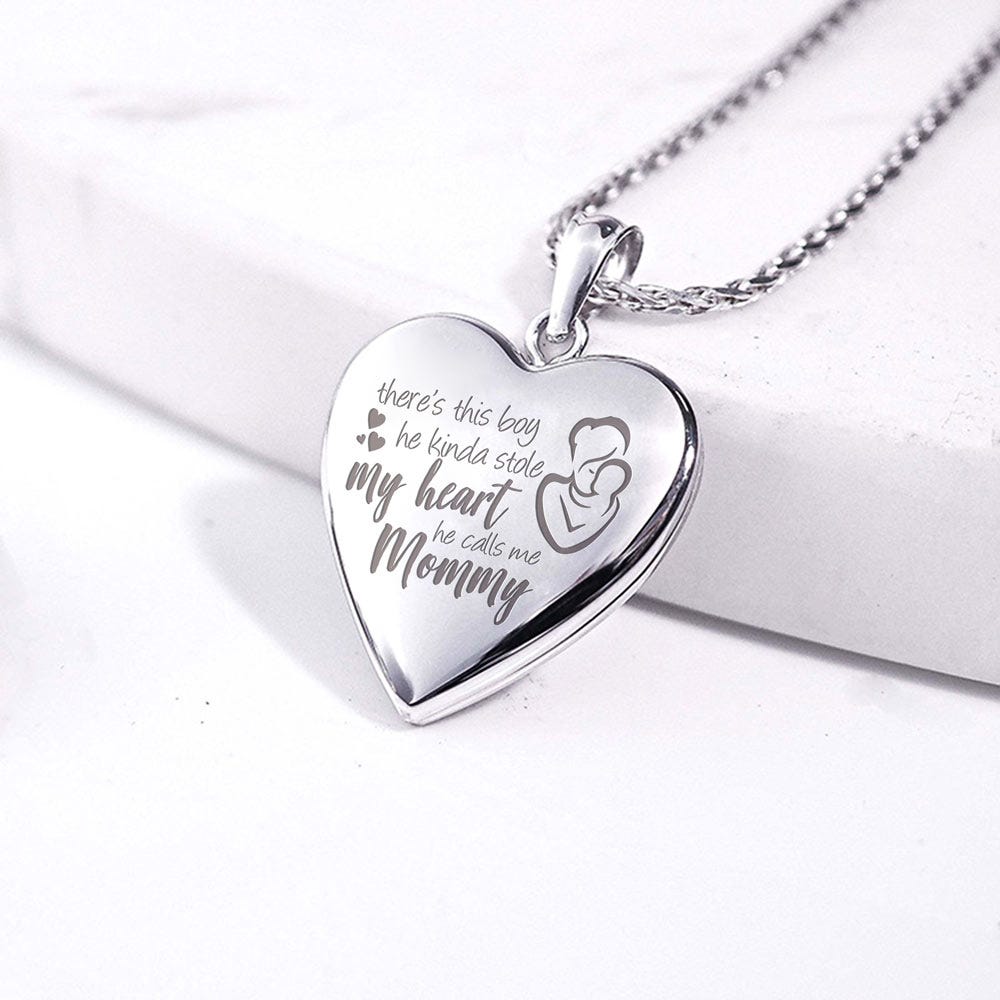 14K White Gold " He Calls Me Mommy " Heart Photo Locket