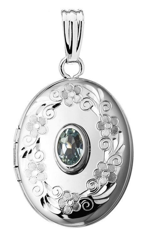Sterling Silver Floral Border with Birthstone Oval Photo Locket
