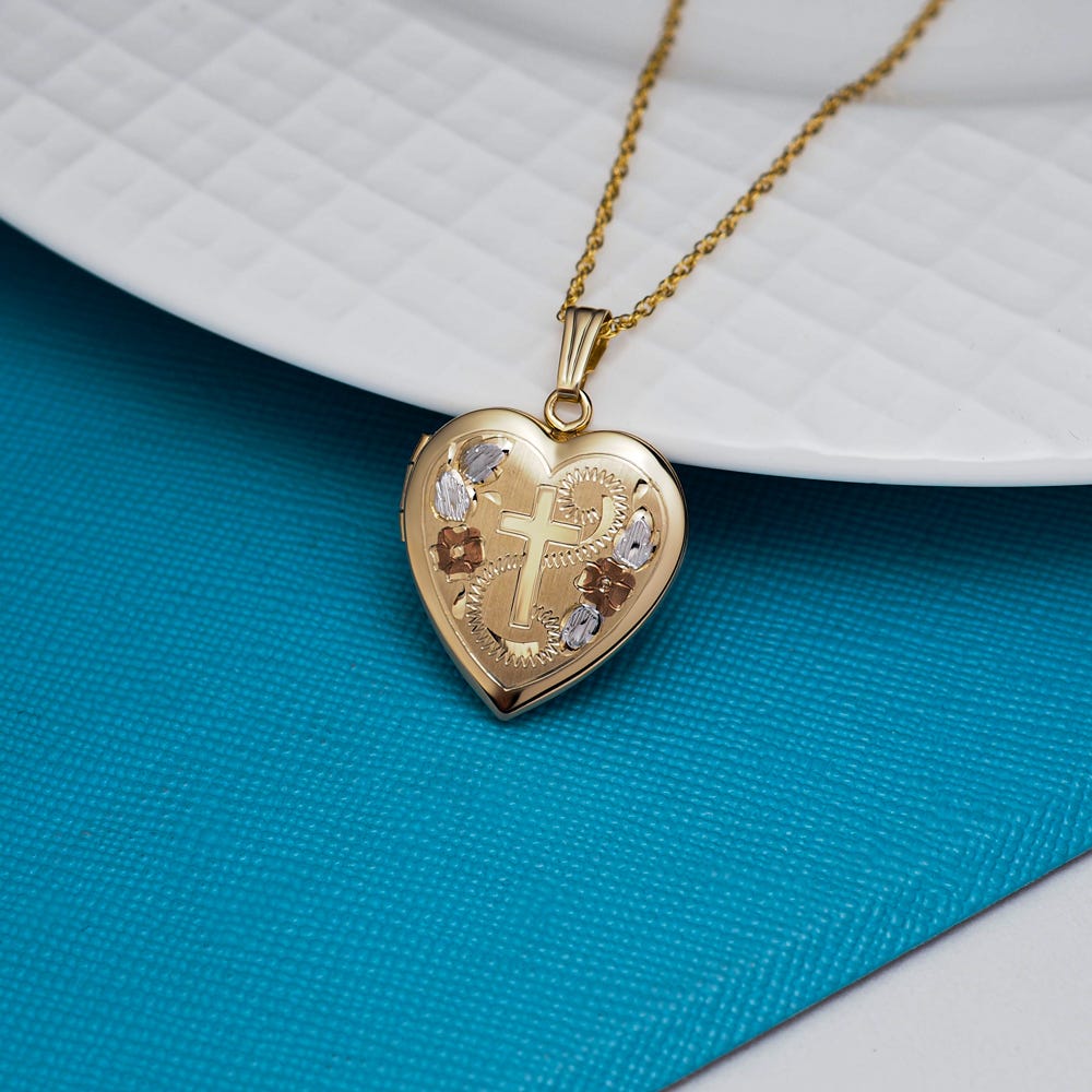 Solid 14K Yellow Gold Floral Cross Heart Photo Locket