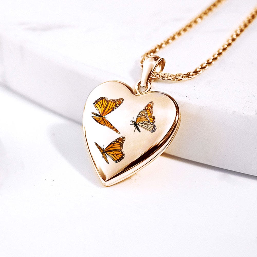 14K Yellow Gold Monarch Butterfly Heart Photo Locket