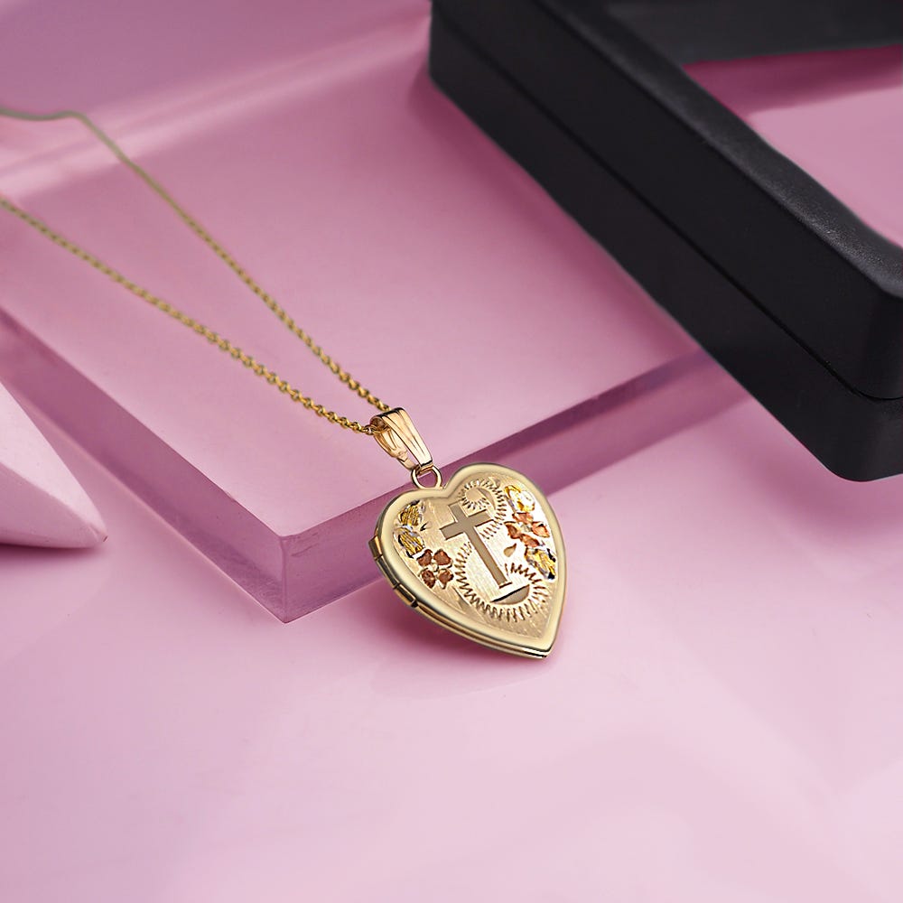 Yellow Gold Cross Heart Photo Locket