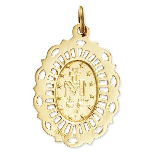 14K Yellow Gold Miraculous Medal Fancy Border Oval Pendant