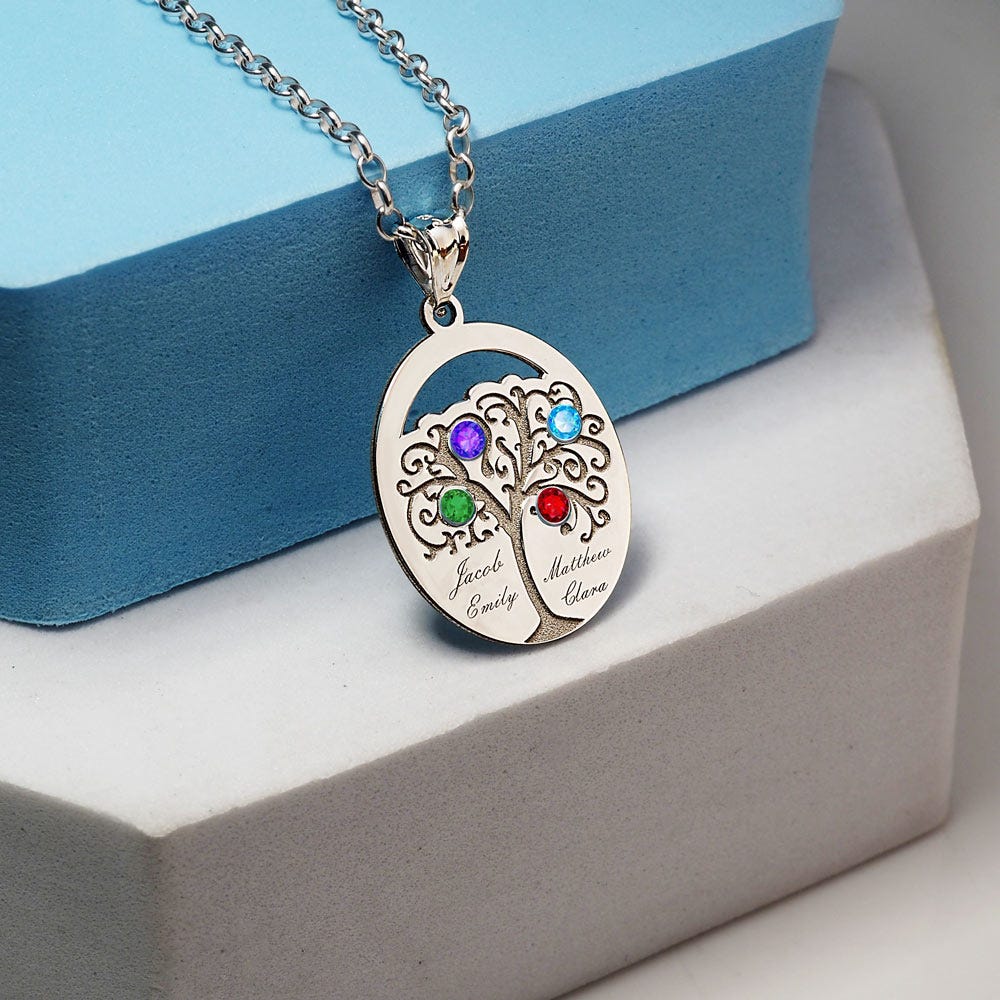 Personalized Family Tree Pendant with 4 Names and Birthstones- Includes 18 Inch Chain