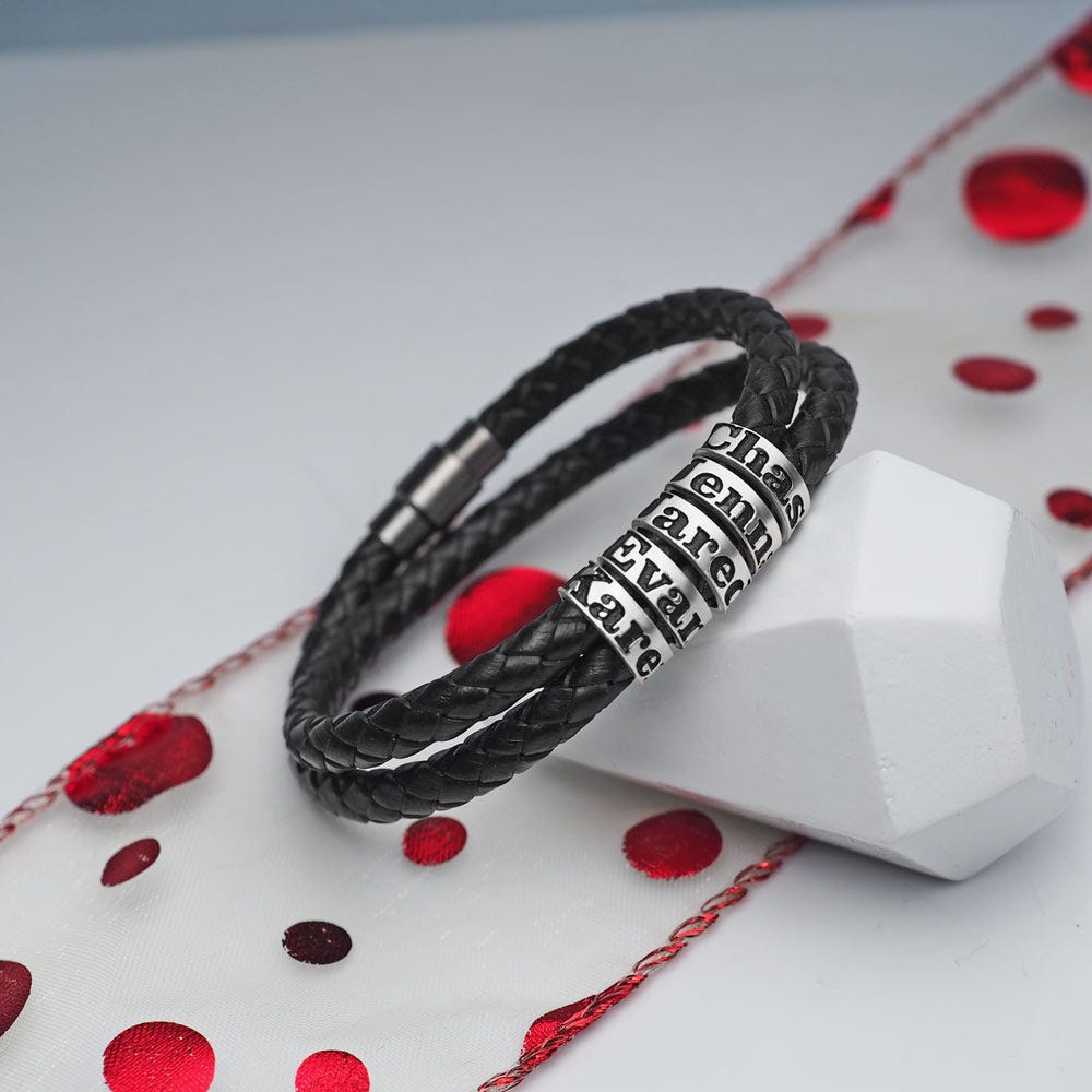 Black Leather Bracelet with Personalized Beads