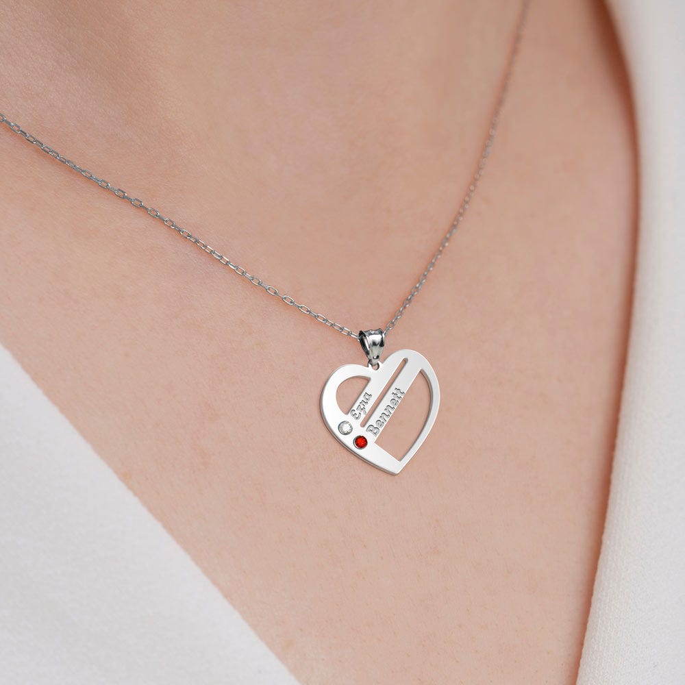 Personalized Heart Family Pendant with 2 Birthstones & Names- Includes 18 Inch Chain