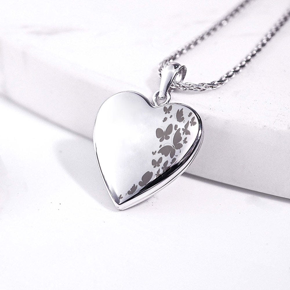 14K White Gold Butterfly Heart Photo Locket