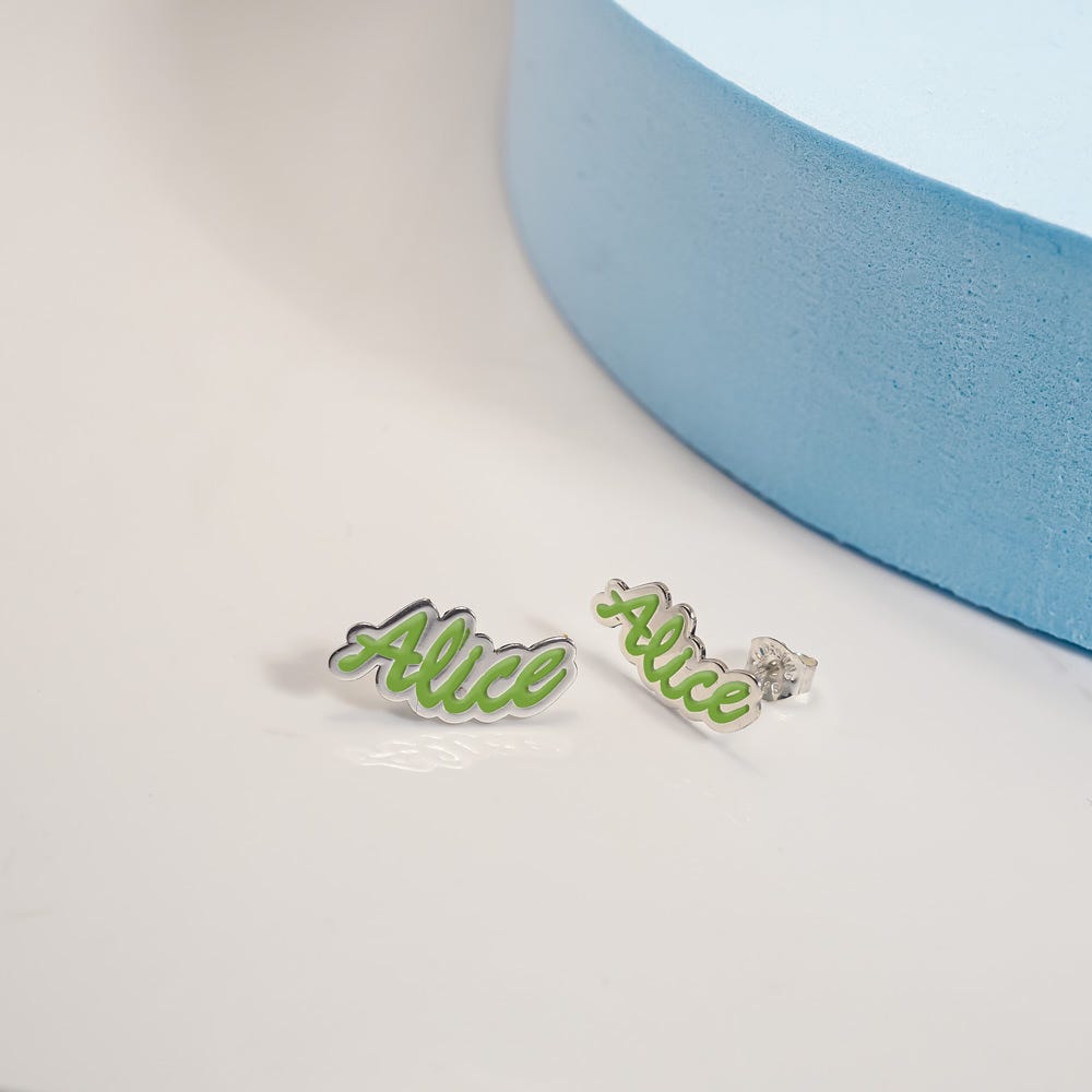 Pair Of Color Enamel Script Name Earrings