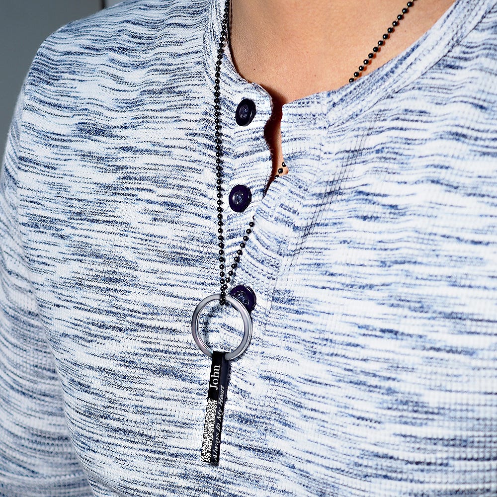 Personalized Black Stainless Steel Fingerprint Vertical 3D Bar Necklace