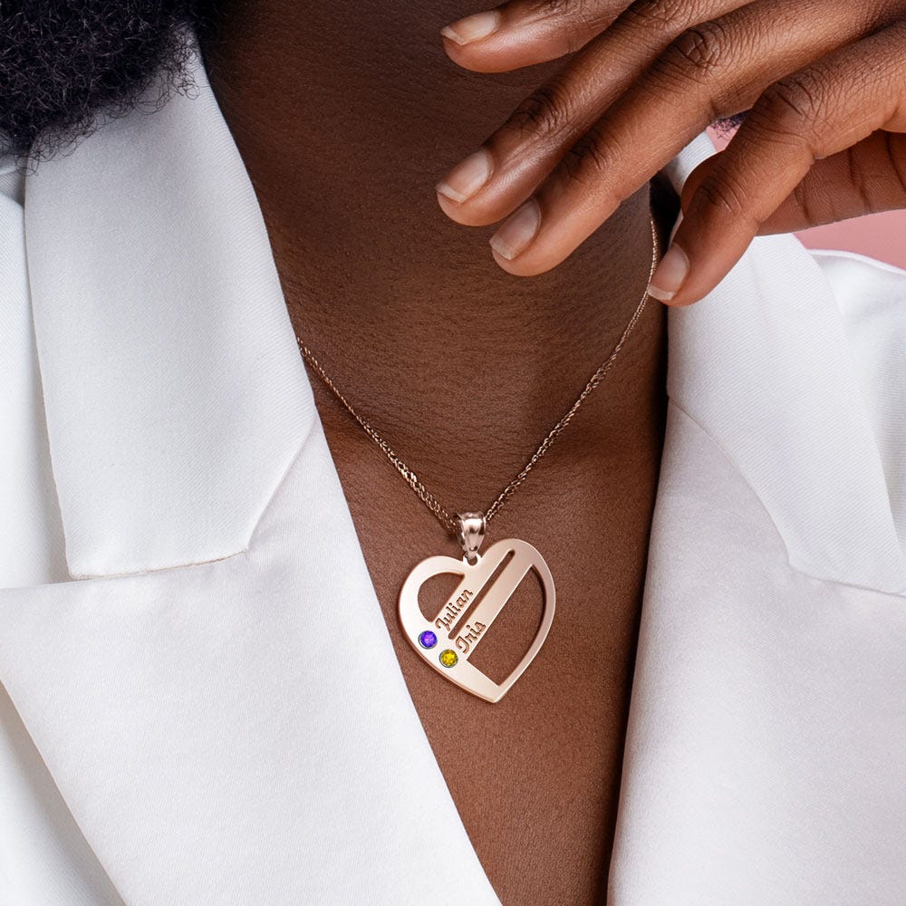 Personalized Heart Family Pendant with 2 Birthstones & Names- Includes 18 Inch Chain