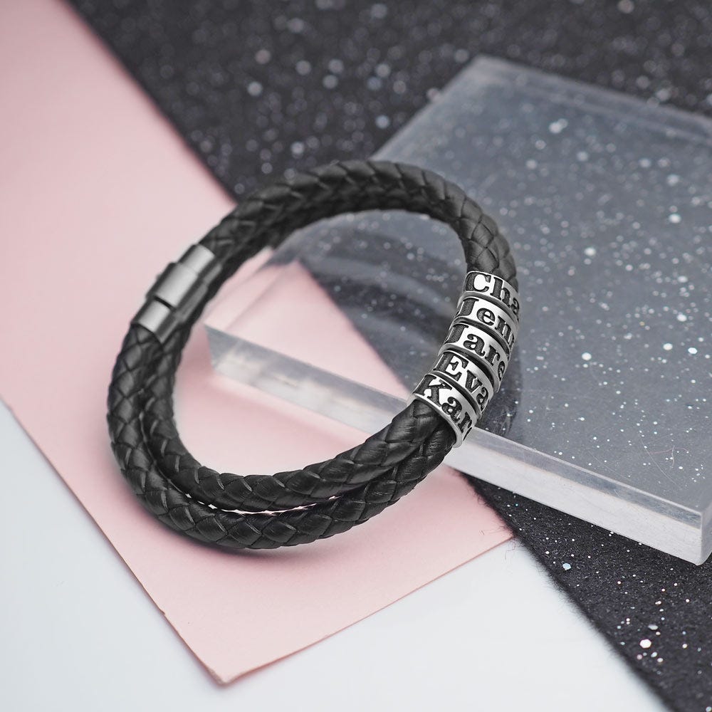 Black Leather Bracelet with Personalized Beads