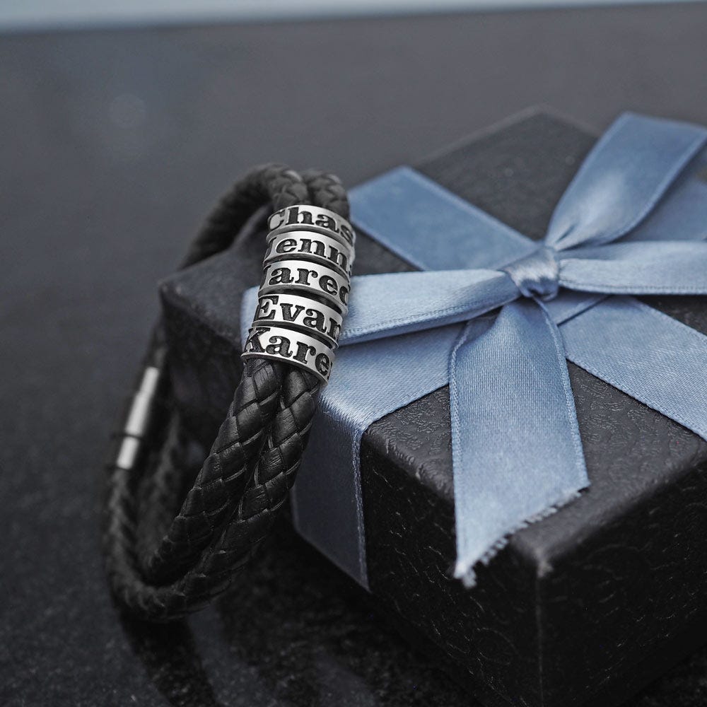 Black Leather Bracelet with Personalized Beads