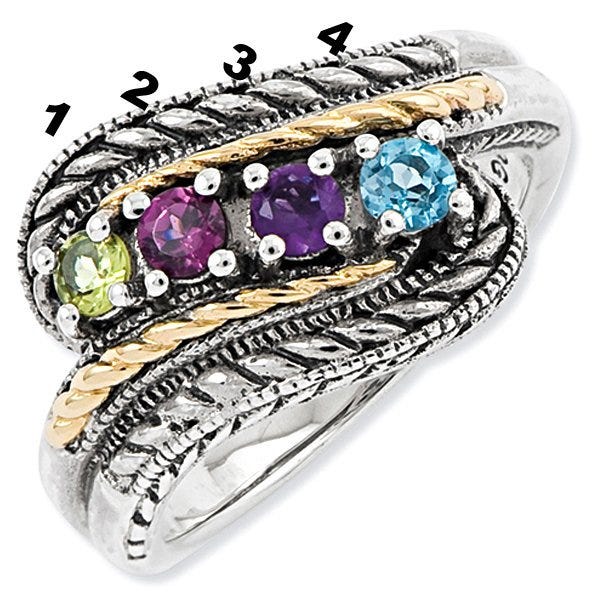 Sterling Silver & 14k Three-stone  Antiqued Mother's Ring
