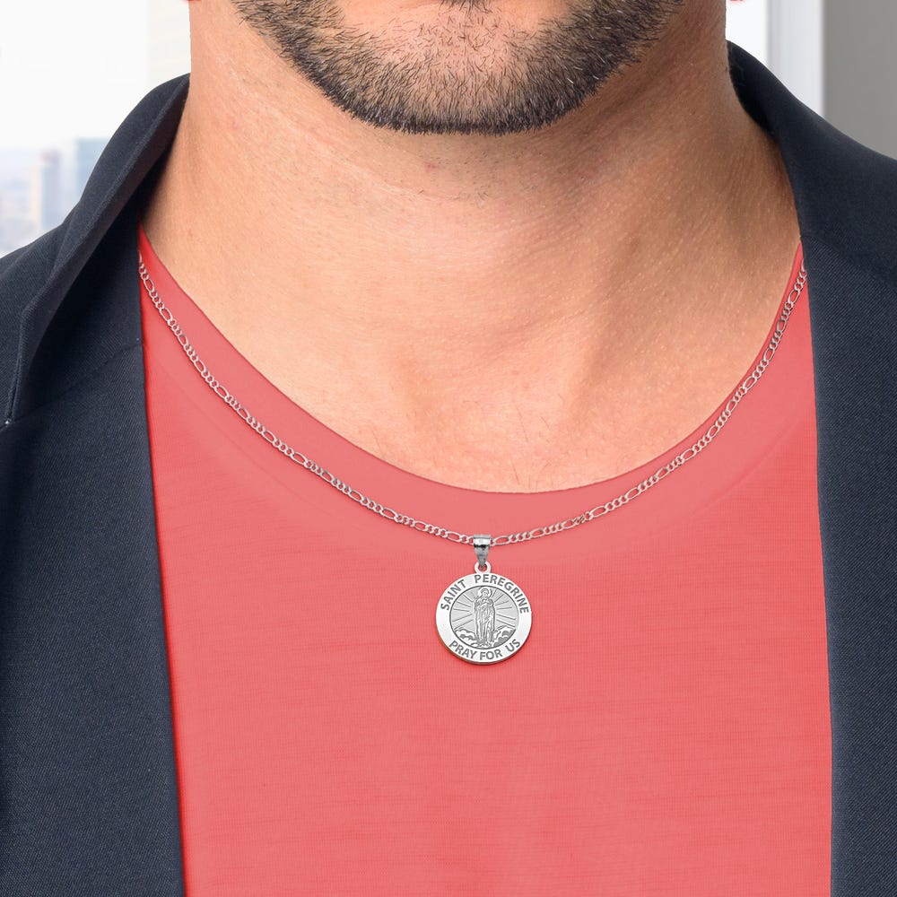Saint Peregrine Double Sided Patron Saint of Cancer Round Religious Medal w/ Color Ribbon