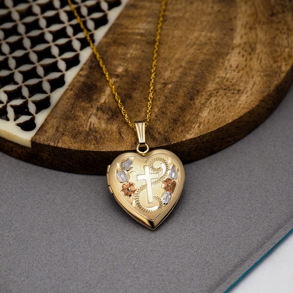 Solid 14K Yellow Gold Floral Cross Heart Photo Locket