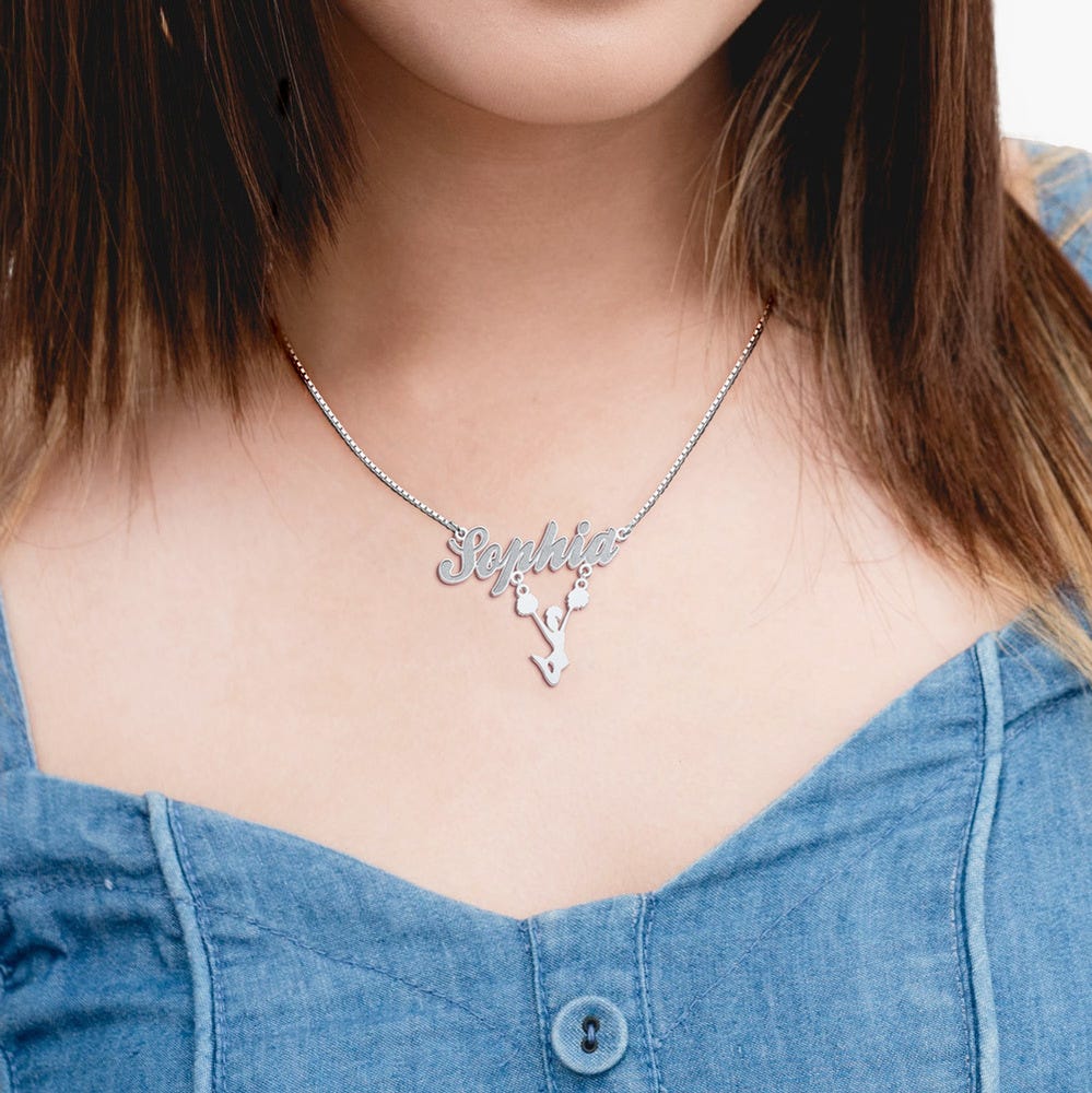 Script Name Necklace with Cheerleader Charm