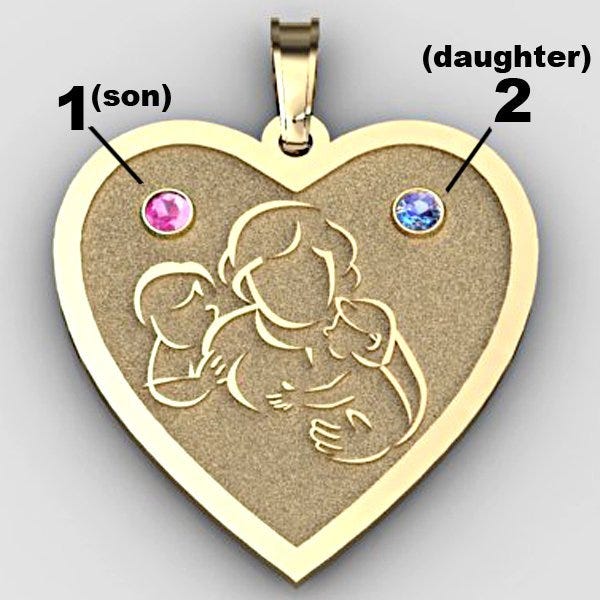 Mother with Son and Daughter Heart Pendant w/ Birthstones