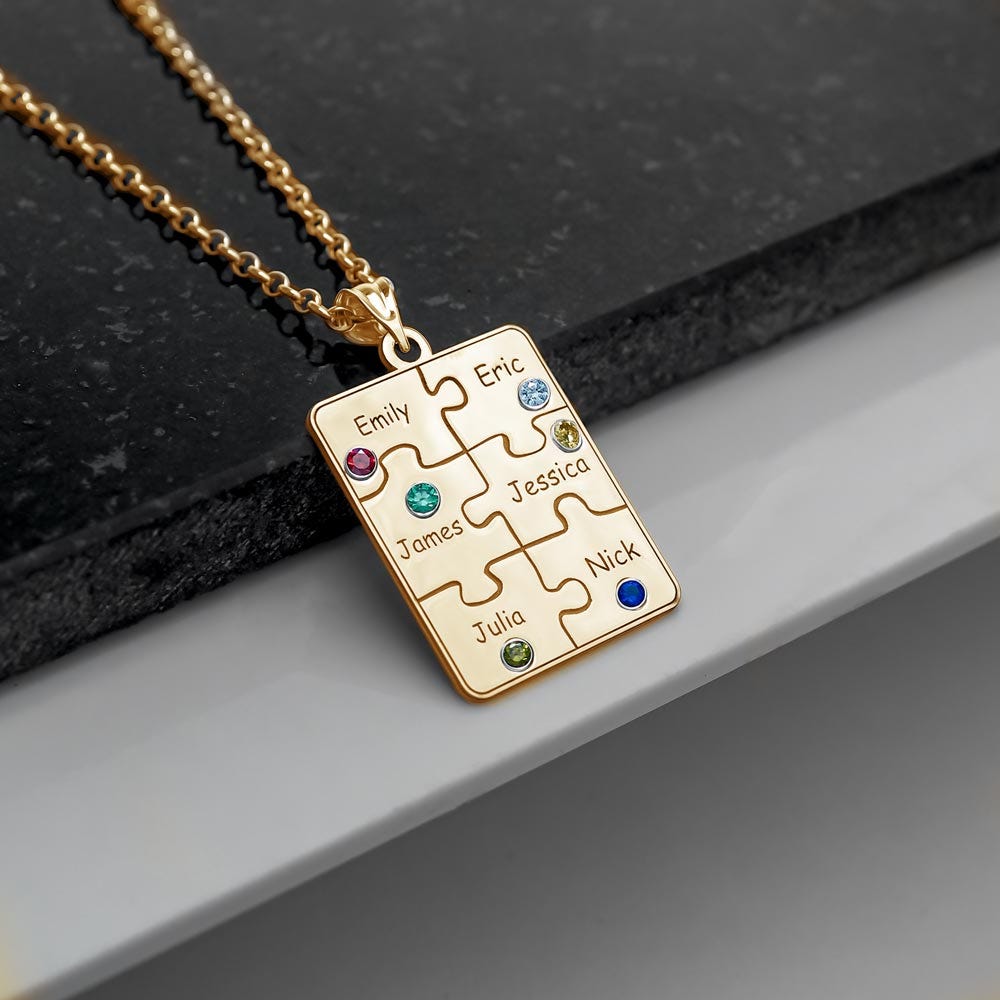 Personalized Family Six Piece Jigsaw Puzzle Pendant- Includes 18 Inch Chain