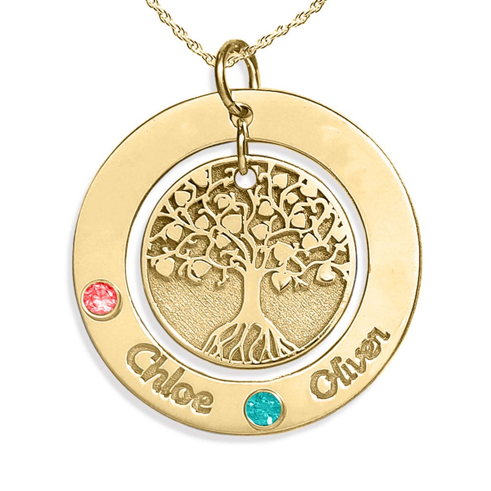Personalized Round Family Tree Pendant with Two Birthstones & Names- Includes 18 Inch Chain