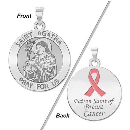 Saint Agatha Double Sided Patron Saint of  Breast Cancer Round Religious Medal w/ Pink Ribbon