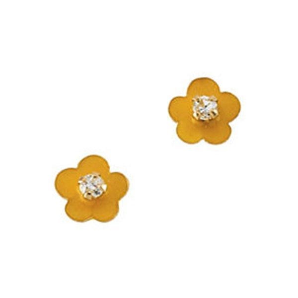 14K Yellow Gold Children's Flower Enamel Earring W/Cubic Zirconia