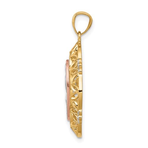 14K Tri-Color Gold Our Lady Of Guadalupe Floral Cut-Out Border Religious Medal