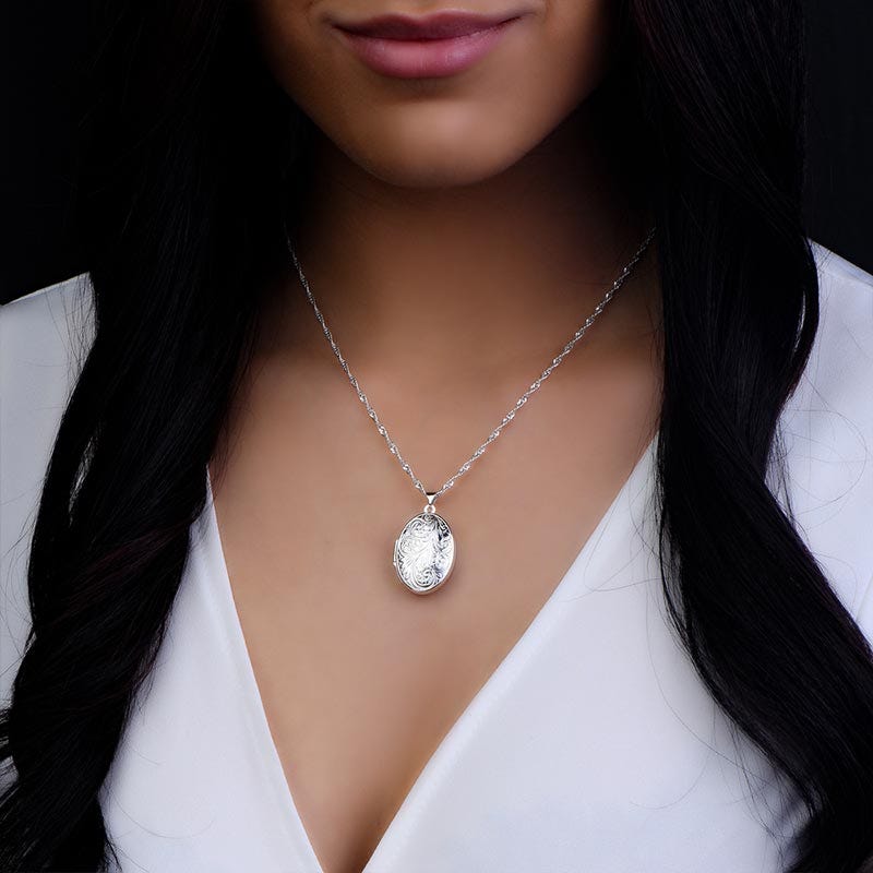 Sterling Silver Floral Oval Photo Locket